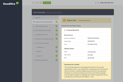 Screenshot of GoodHire's dashboard where candidates add context to criminal records
